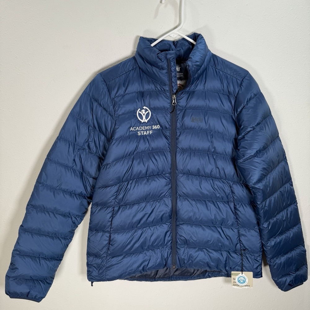 NWT REI Co-op 650 Down Jacket - Women's Sz Medium Blue *School Logo* NEW